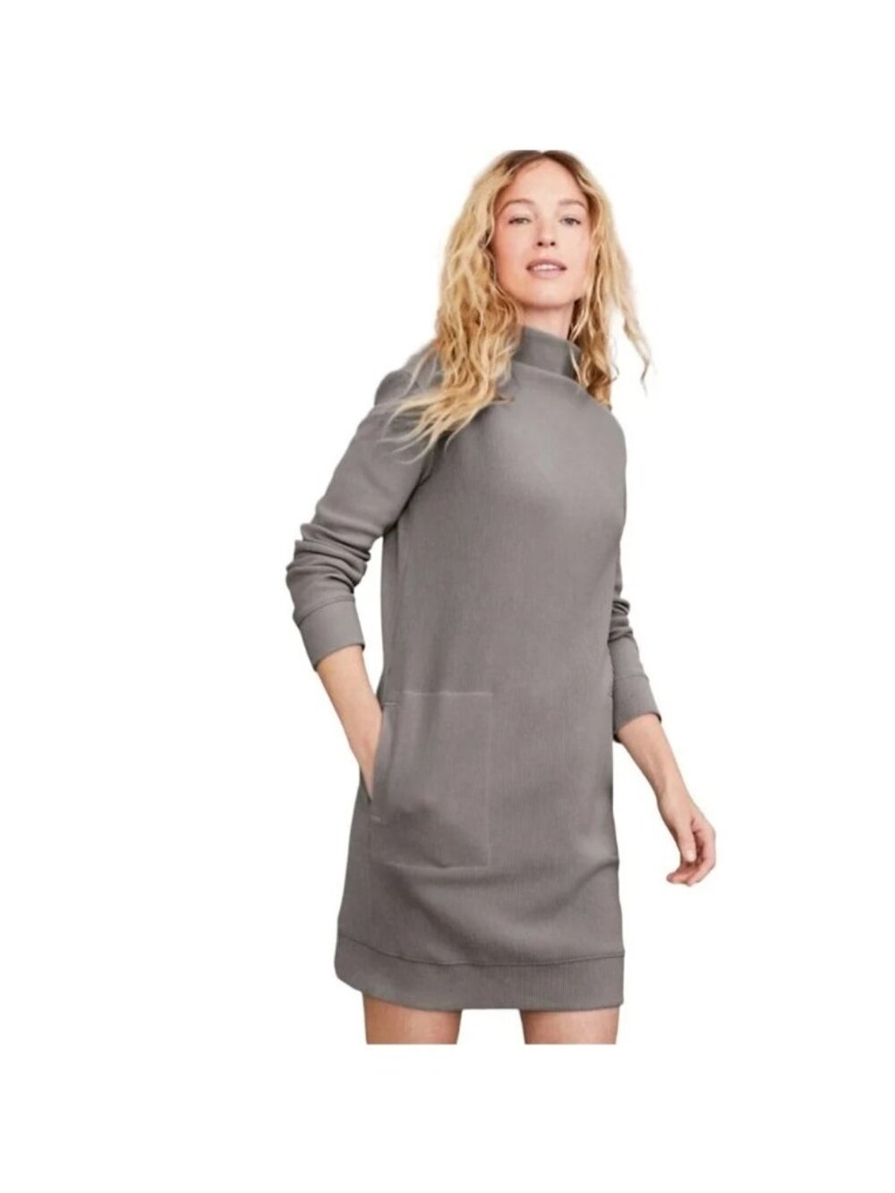 Garnet Hill Taupe Organic-Cotton Ribbed Dress, M